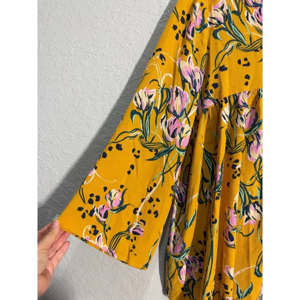 Free People Bella Golden Yellow Floral Print Spring Tunic Blouse sz M Boho